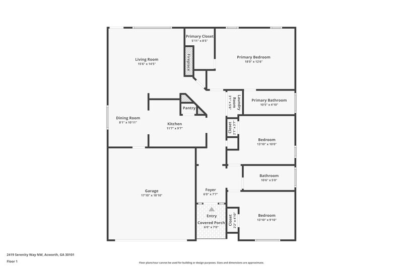 1,850/Mo, 2419 Serenity Way NW Acworth, GA 30101 Floor Plan View