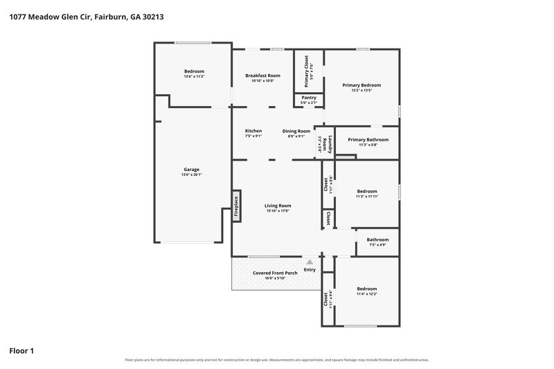 1,940/Mo, 1077 Meadow Glen Cir Fairburn, GA 30213 Floor Plan View