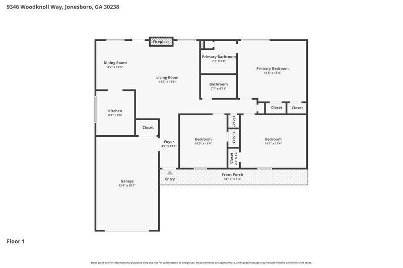 1,650/Mo, 9346 Woodknoll Way Jonesboro, GA 30238 Floorplan View