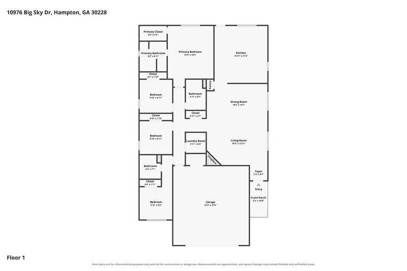2,050/Mo, 10976 Big Sky Dr Hampton, GA 30228 Floor Plan View