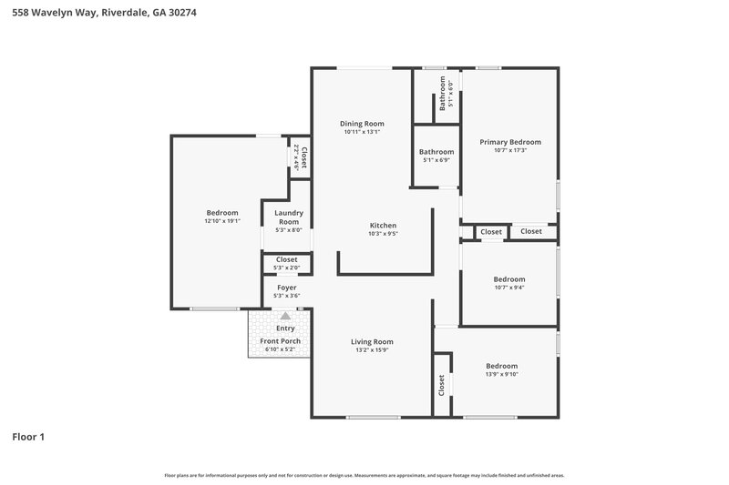 1,885/Mo, 558 Wavelyn Way Riverdale, GA 30274 Floor Plan View