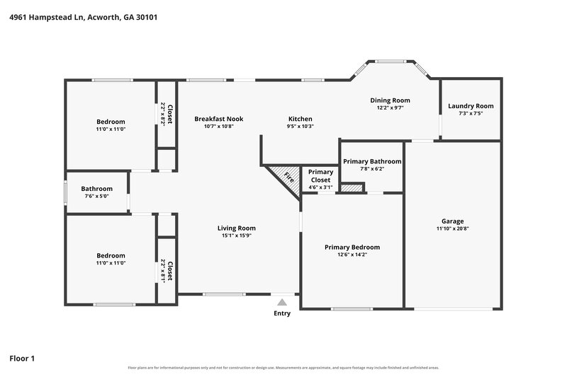 1,875/Mo, 4961 Hampstead Ln Acworth, GA 30101 Floor Plan View