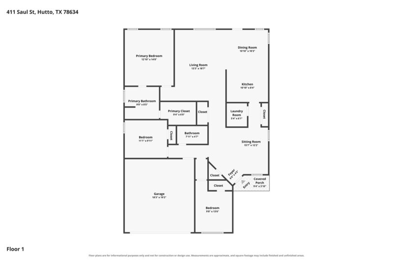 1,885/Mo, 411 Saul St Hutto, TX 78634 Floorplan View