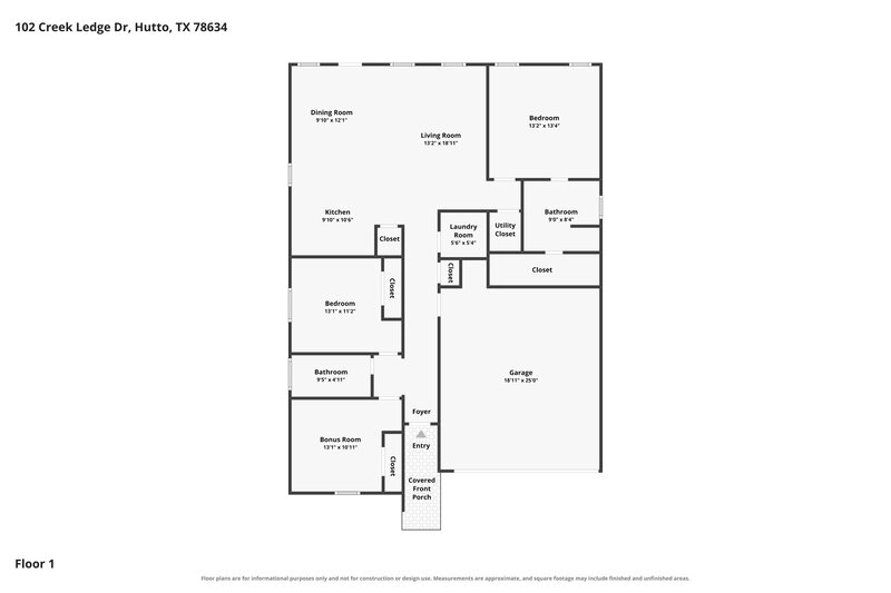 1,760/Mo, 102 Creek Ledge Dr Hutto, TX 78634 Floor Plan View