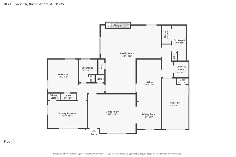 1,525/Mo, 817 Hillview Drive Birmingham, AL 35235 Floorplan View