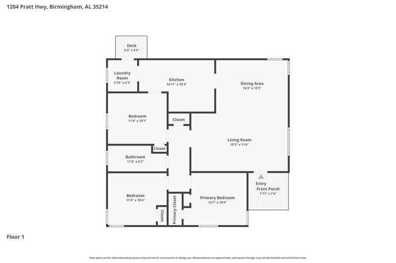 1,125/Mo, 1204 Pratt HWY Birmingham, AL 35214 Floorplan View