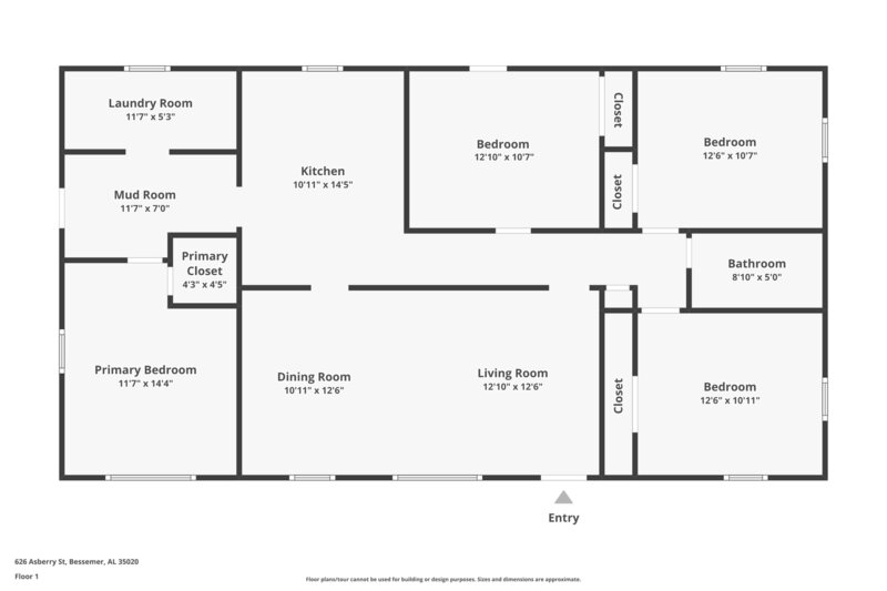 1,155/Mo, 626 Asberry Street Bessemer, AL 35020 Floorplan View