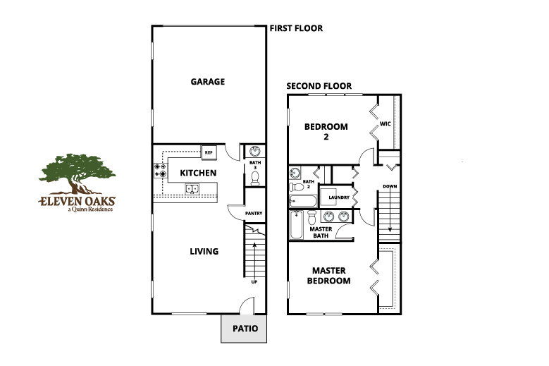 Floorplan: Name: B1-White Oak, Beds: 2, Baths: 2.5, Sqft: 1335