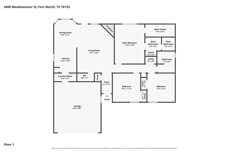 1,750/Mo, 3400 Meadowmoor St. Fort Worth, TX 76133 Floor Plan View