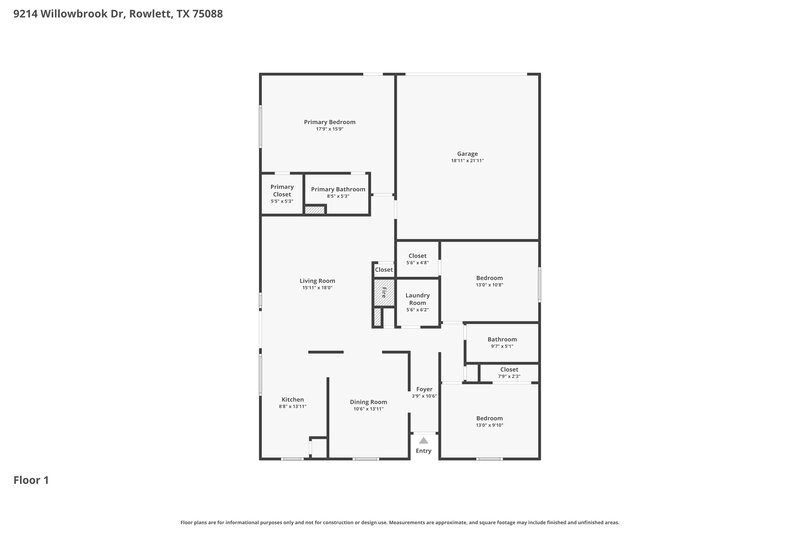 1,935/Mo, 9214 Willowbrook Drive Rowlett, TX 75088 Floor Plan View