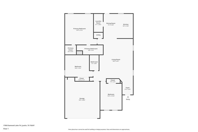 1,750/Mo, 1708 Diamond Lake Trail Justin, TX 76247 Floor Plan View