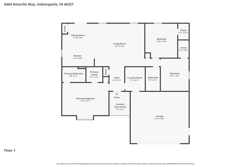 1,985/Mo, 6404 Amarillo Way Indianapolis, IN 46237 Floor Plan View