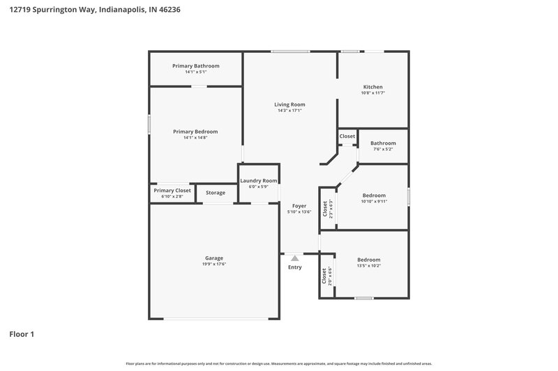 1,730/Mo, 12719 Spurrington Way Indianapolis, IN 46236 Floor Plan View