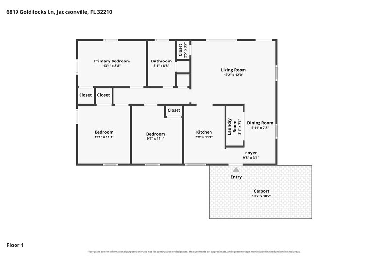 1,310/Mo, 6819 Goldilocks Ln Jacksonville, FL 32210 Floor Plan View
