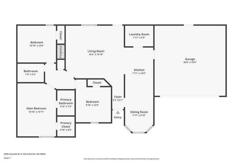 1,700/Mo, 6935 Amanda Dr N Olive Branch, MS 38654 Floor Plan View