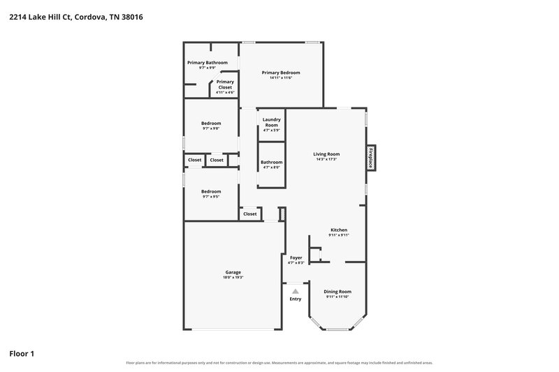 1,700/Mo, 2214 Lake Hill Ct Cordova, TN 38016 Floor Plan View