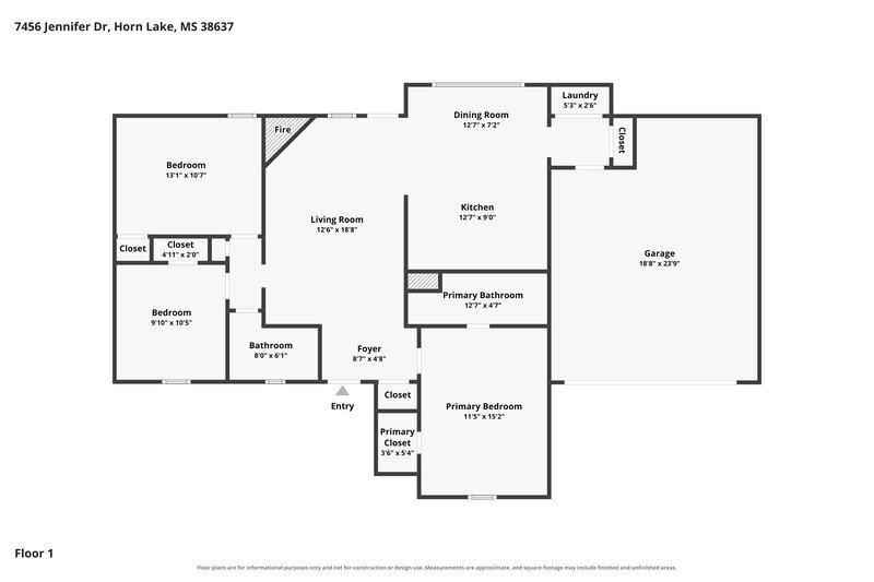 1,845/Mo, 7456 Jennifer Drive Horn Lake, MS 38637 Floor Plan View