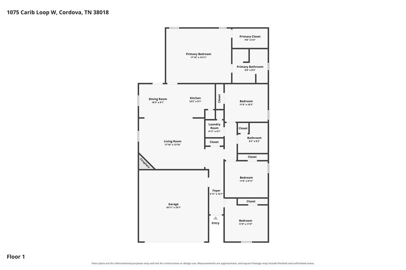 2,000/Mo, 1075 Carib Loop W Cordova, TN 38018 Floor Plan View