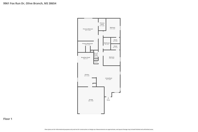 2,100/Mo, 9961 Fox Run Dr Olive Branch, MS 38654 Floor Plan View