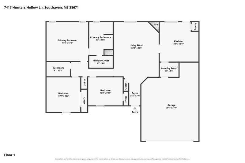 1,675/Mo, 7417 Hunters Hollow Ln Southaven, MS 38671 Floor Plan View