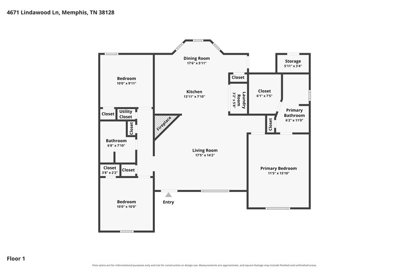 1,555/Mo, 4671 Lindawood Lane Memphis, TN 38128 Floor Plan View