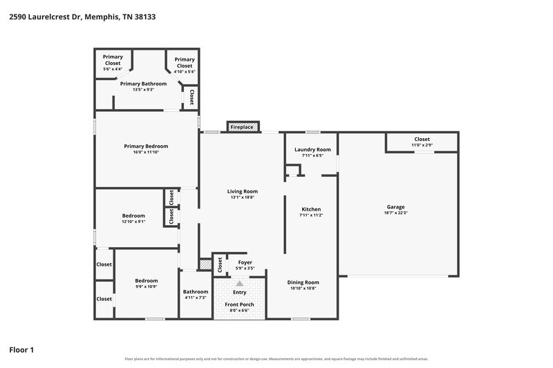 1,610/Mo, 2590 Laurelcrest Dr Memphis, TN 38133 Floor Plan View