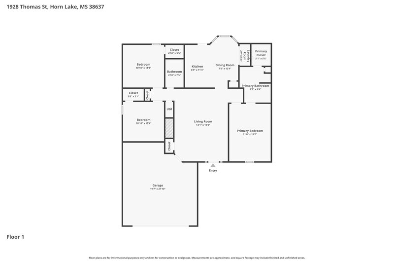 1,680/Mo, 1928 Thomas St Horn Lake, MS 38637 Floor Plan View