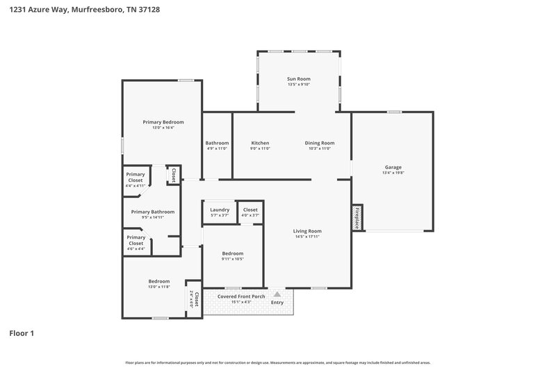 2,300/Mo, 1231 Azure Way Murfreesboro, TN 37128 Floor Plan View