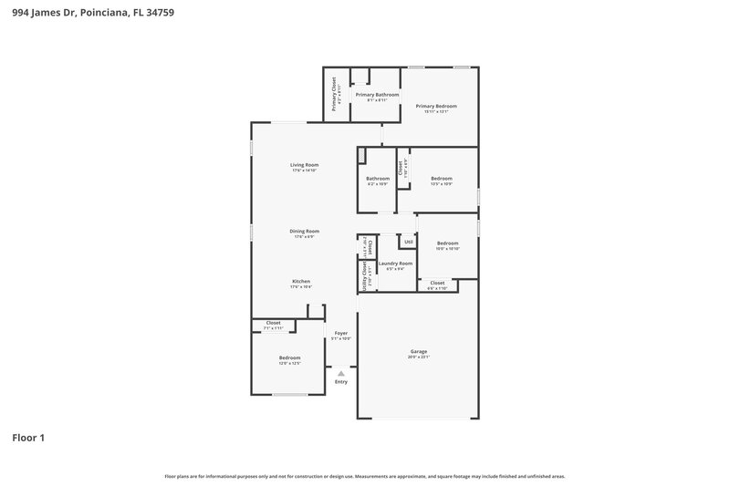 1,940/Mo, 994 James Dr Poinciana, FL 34759 Floor Plan View