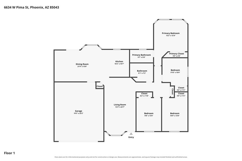 1,870/Mo, 6634 W Pima Street Phoenix, AZ 85043 Floor Plan View