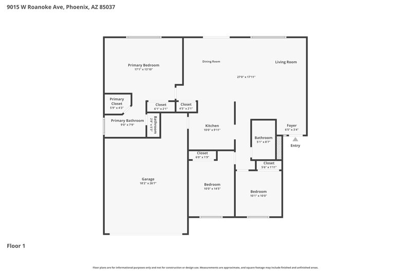 1,795/Mo, 9015 W Roanoke Ave Phoenix, AZ 85037 Floor Plan View