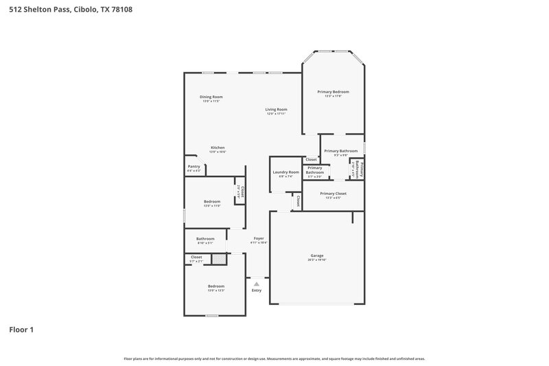 1,905/Mo, 512 Shelton Pass Cibolo, TX 78108 Floor Plan View