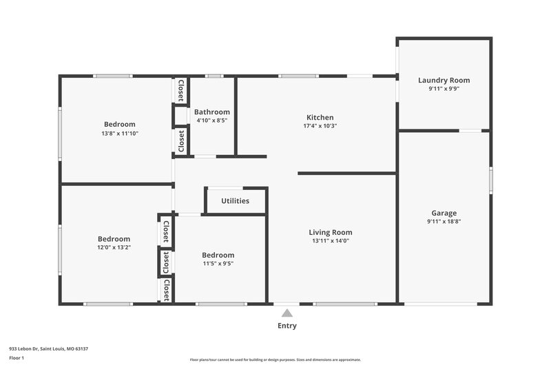 1,750/Mo, 933 Lebon Dr St. Louis, MO 63137 Floorplan View