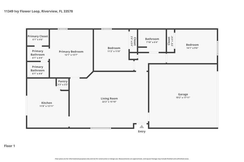 2,070/Mo, 11349 Ivy Flower Loop Riverview, FL 33578 Floor Plan View