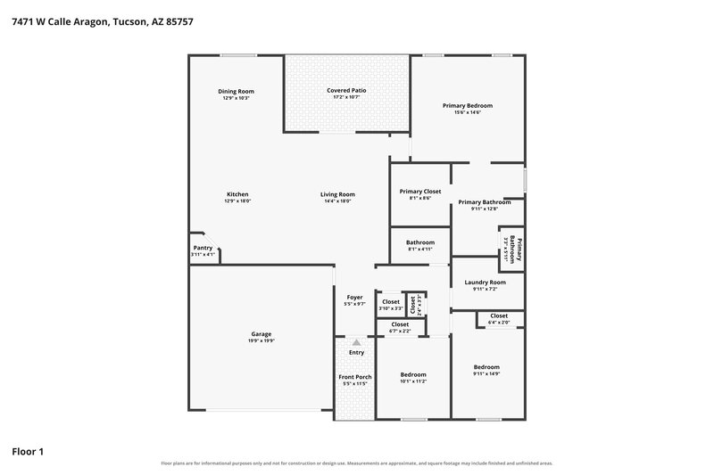 1,910/Mo, 7471 W Calle Aragon Tucson, AZ 85757 Floor Plan View